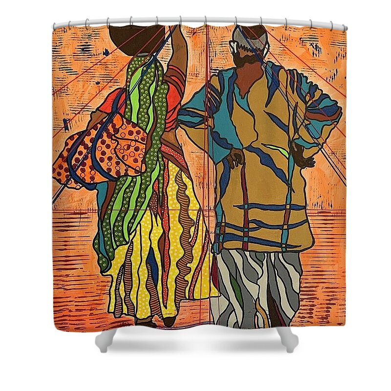 Indian Folk Art Shower Curtain featuring the painting Waiting Patiently by Raji Musinipally