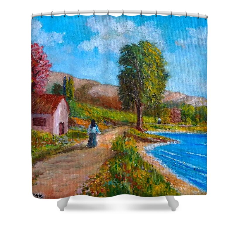 Nature Shower Curtain featuring the painting  Walk Beside The Sea by Konstantinos Charalampopoulos