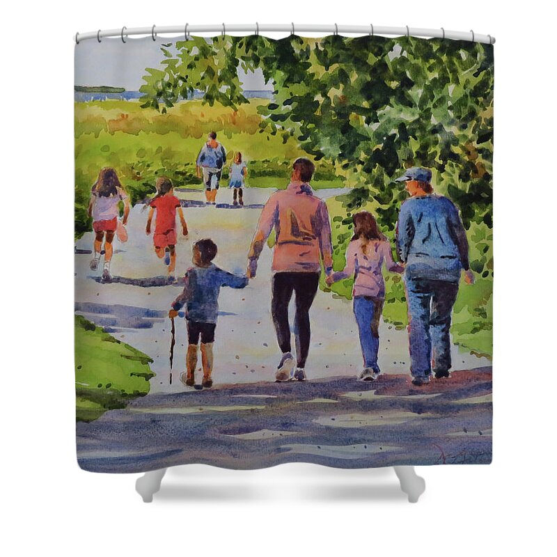 Landscape Shower Curtain featuring the painting Walkers Near the Lake by David Gilmore