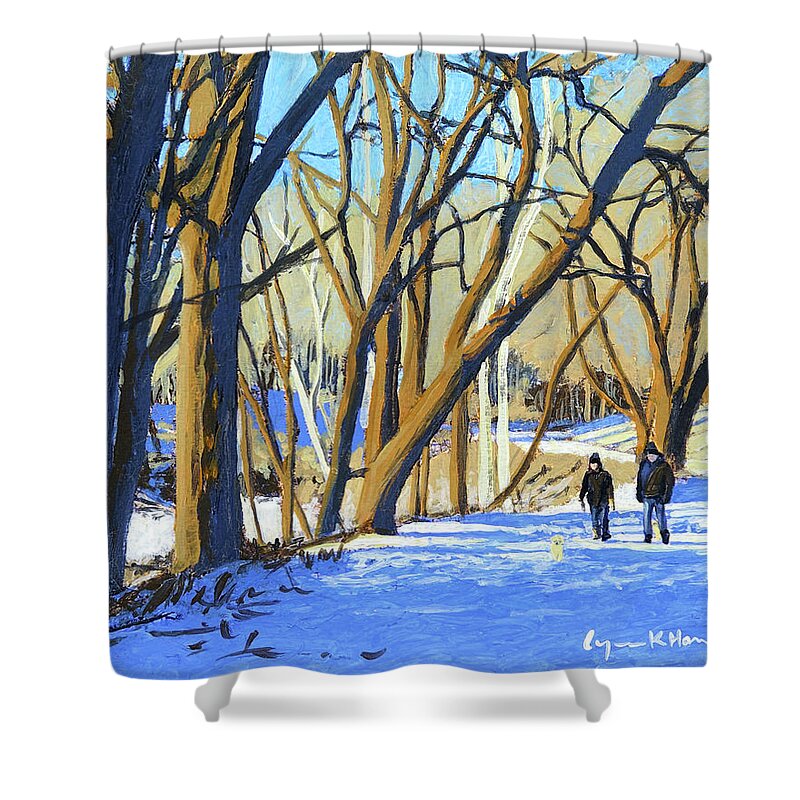Abstract Shower Curtain featuring the painting Walking Dogs on Snail Lake Trail by Lynn Hansen