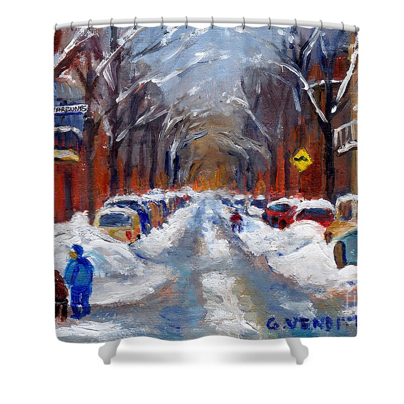 Montreal Shower Curtain featuring the painting Walking Home To Rue Devarennes Montreal Winter Scene Painting Plateau Mont Royal Street Scene by Grace Venditti