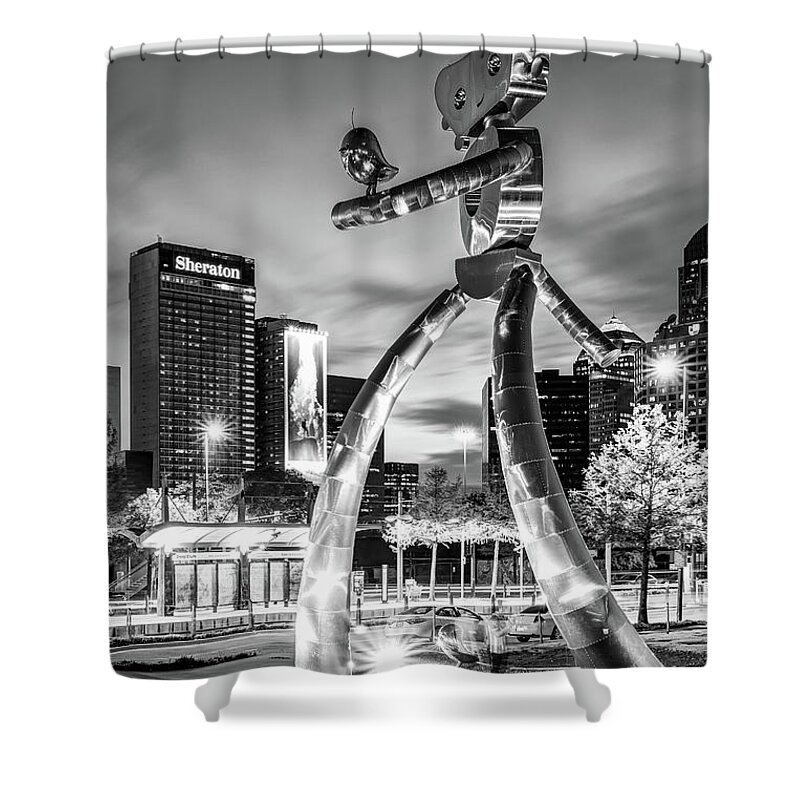 America Shower Curtain featuring the photograph Walking Tall Traveling Man in Black and White - Dallas Texas by Gregory Ballos