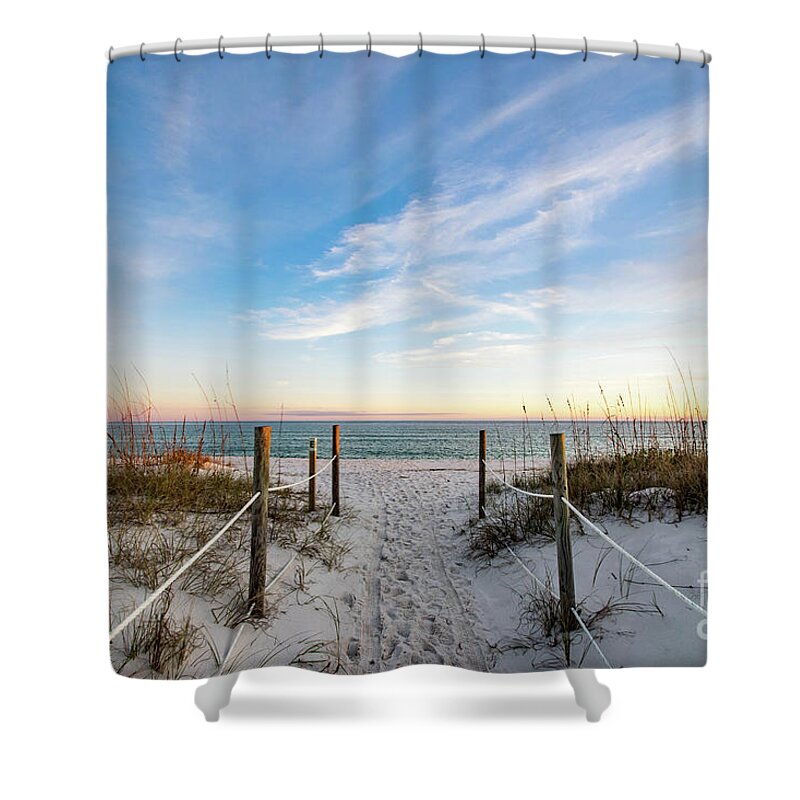 Golden Hour Shower Curtain featuring the photograph Walkway to the Beach at Golden Hour by Beachtown Views
