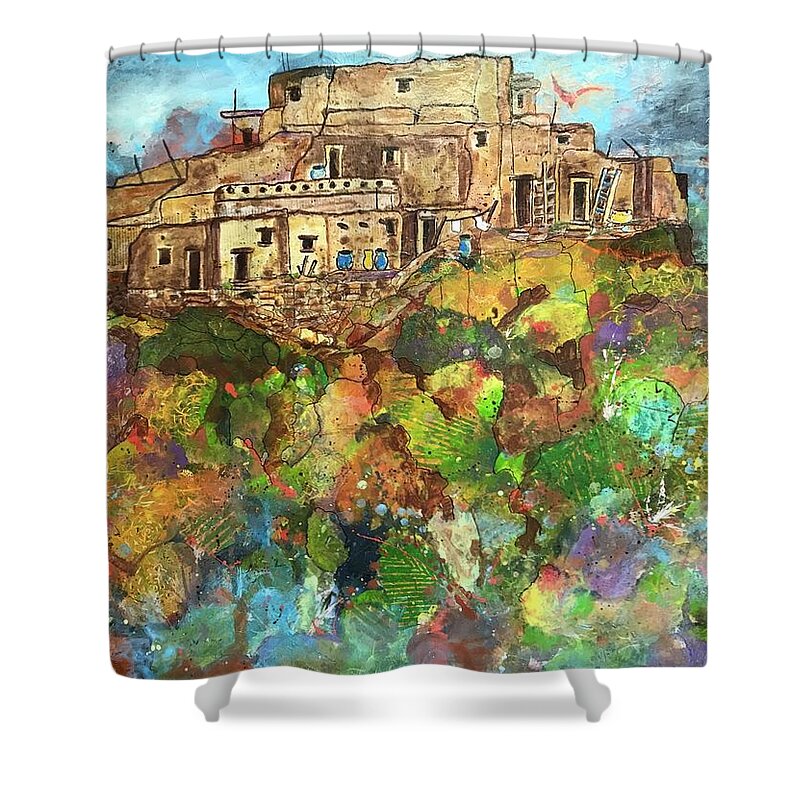 Southwest Landscape Shower Curtain featuring the painting Walpi Village II by Elaine Elliott