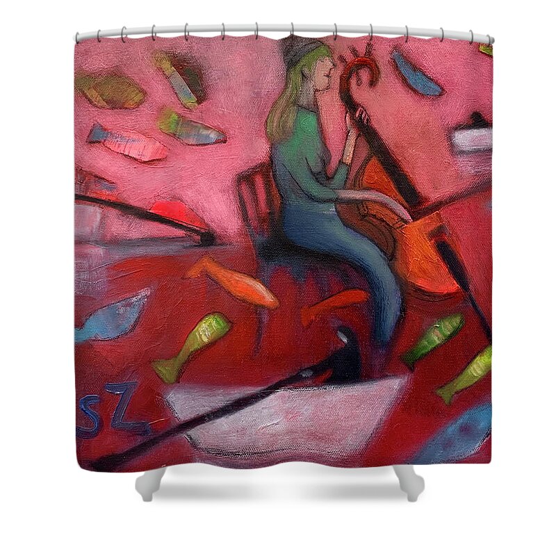 Cello Player Shower Curtain featuring the painting Waltz of the fishes by Suzy Norris