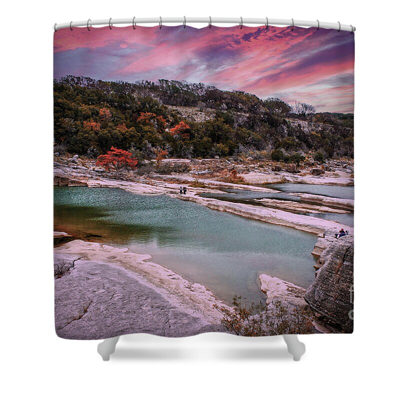 Sunset Shower Curtain featuring the photograph Wandering Strange Rivers Under Strange Skies by Susan Vineyard