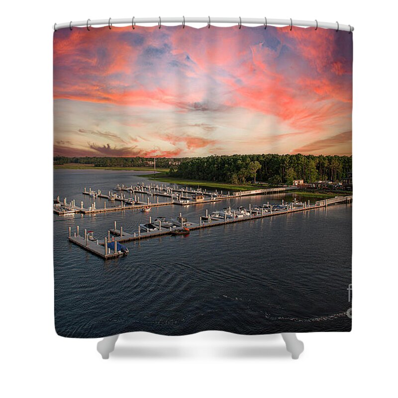 Wando River Shower Curtain featuring the photograph Wando River Marina at Sunset by Dale Powell