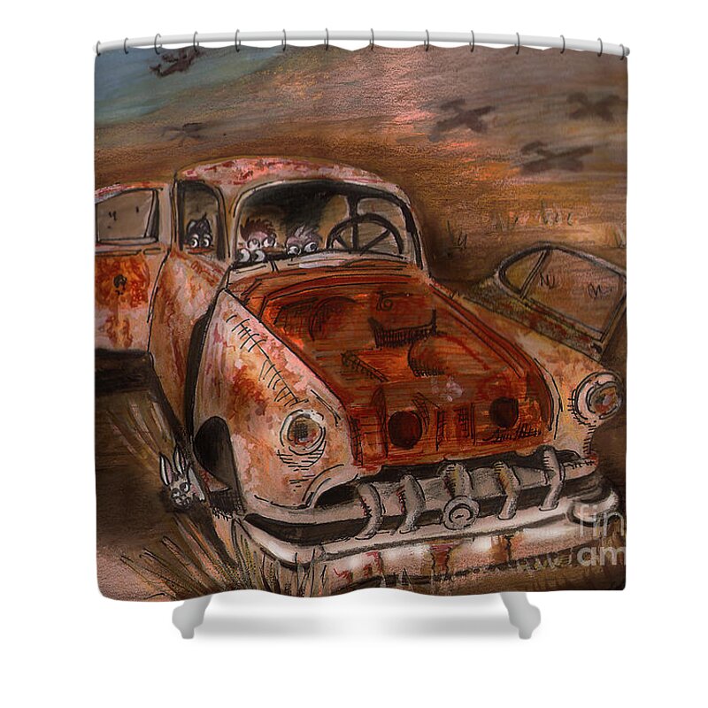 Watercolour Rusted Car Shower Curtain featuring the painting War-torn by Remy Francis