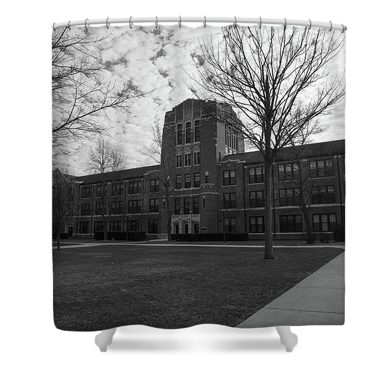 Central Michigan University Chippewas Shower Curtain featuring the photograph Warriner Hall at Central Michigan University black and white by Eldon McGraw