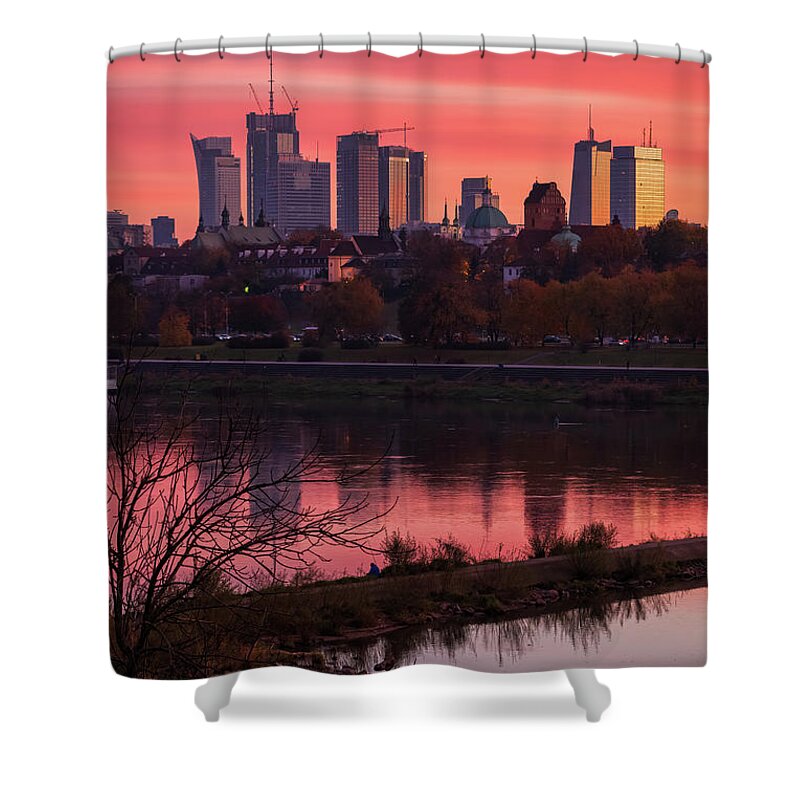 Warsaw Shower Curtain featuring the photograph Warsaw City Skyline At Twilight by Artur Bogacki