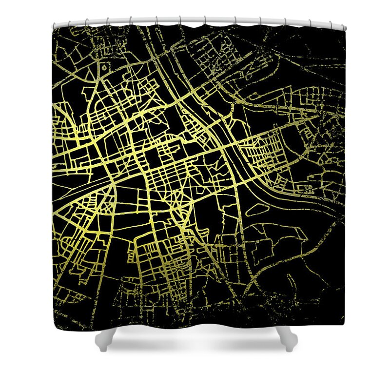 Map Shower Curtain featuring the digital art Warsaw Map in Gold and Black by Sambel Pedes