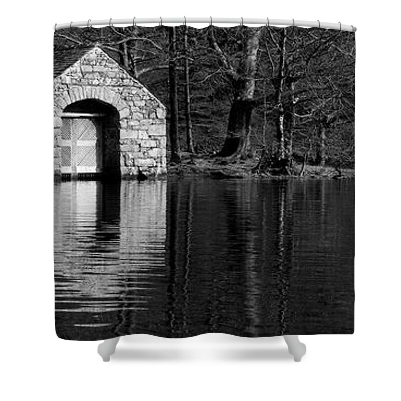 Panorama Shower Curtain featuring the photograph Wastwater Boathouse Black and white Lake District by Sonny Ryse