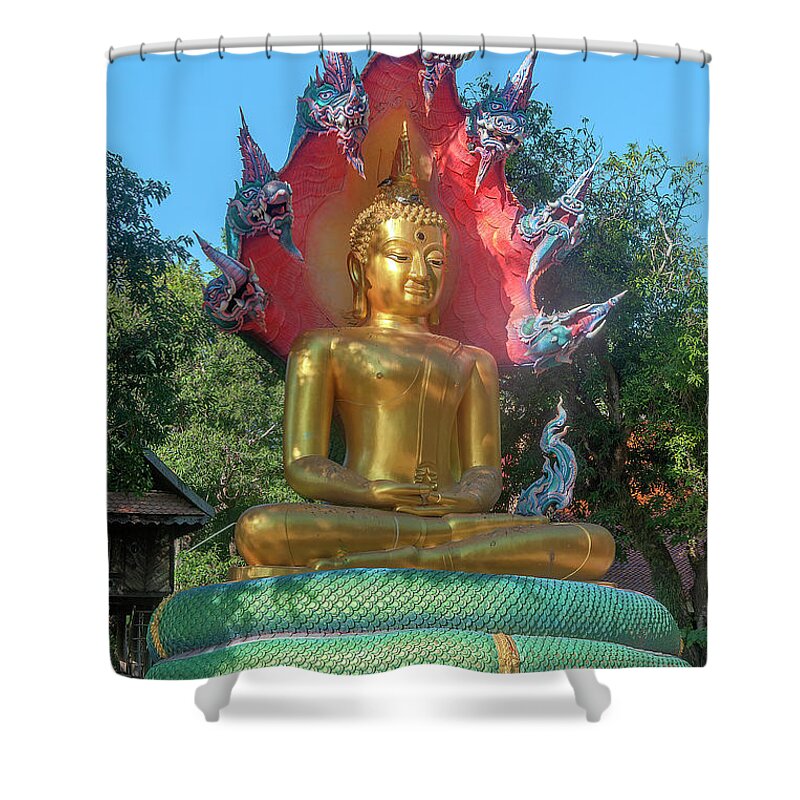 Scenic Shower Curtain featuring the photograph Wat Burapa Buddha Image on Naga Throne DTHU1397 by Gerry Gantt
