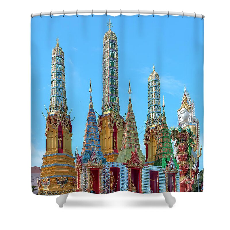 Scenic Shower Curtain featuring the photograph Wat Khunchan Merit Shrines Three Prangs and Three Chedi DTHB2456 by Gerry Gantt