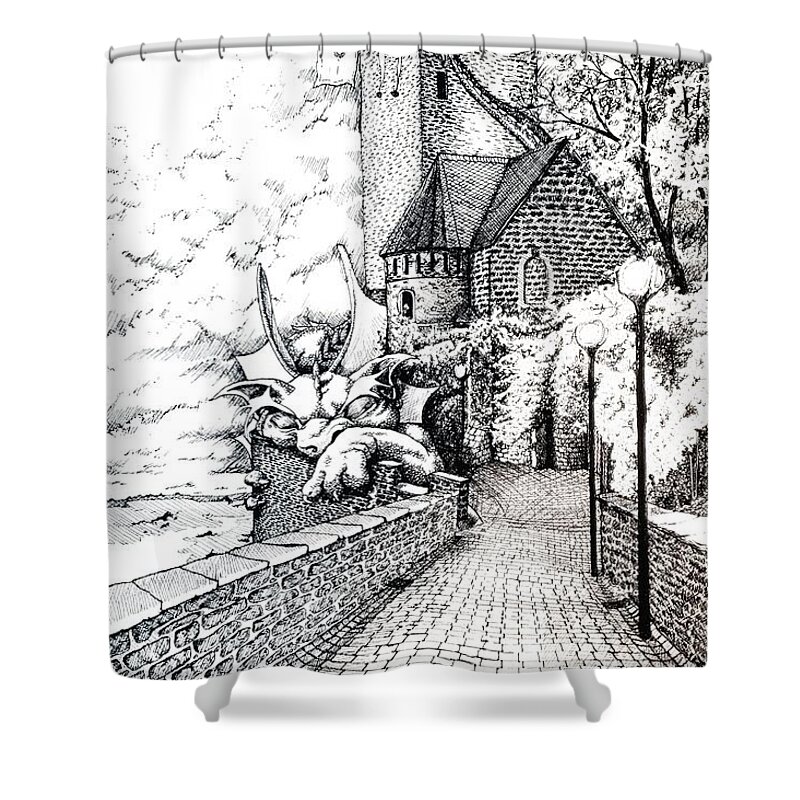 Medieval Shower Curtain featuring the drawing Watch Dragon by Merana Cadorette