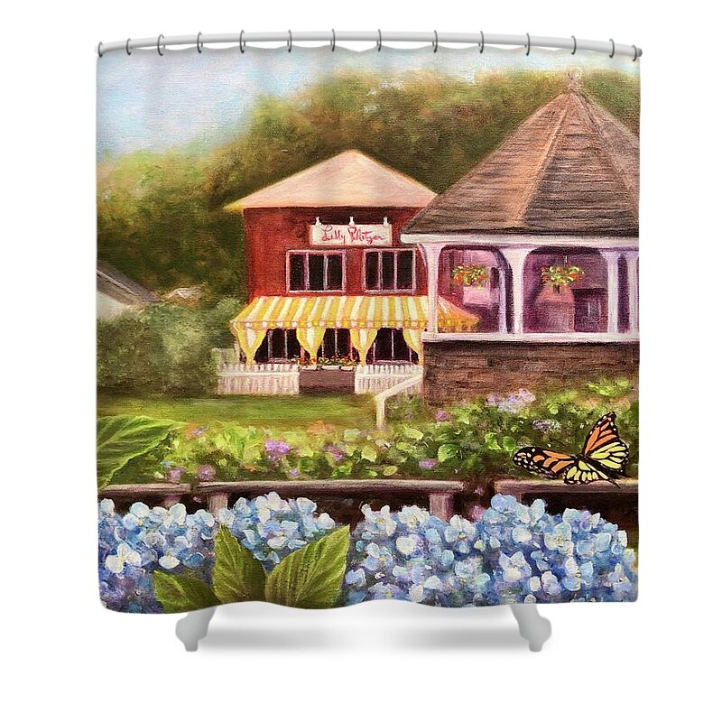 Rhode Island Art Shower Curtain featuring the painting Watch Hill On The Green by Anne Barberi