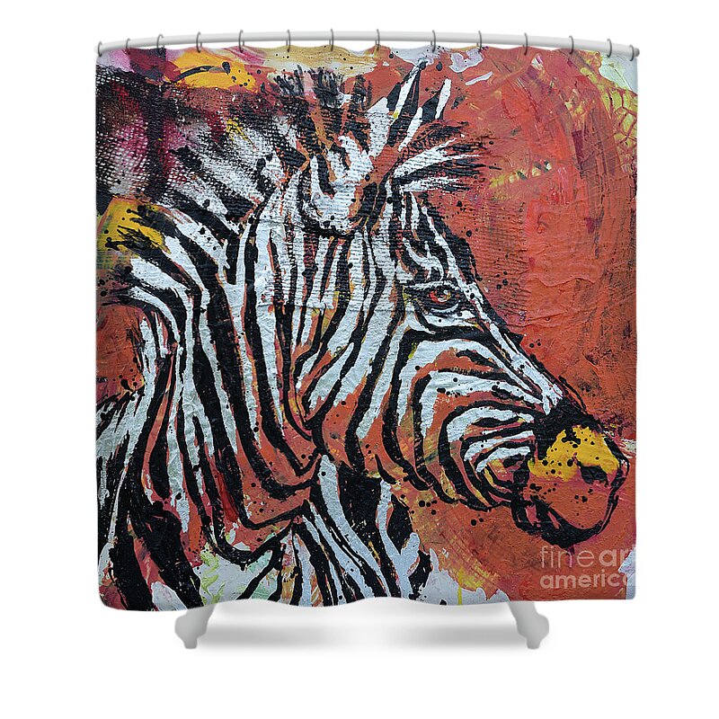  Shower Curtain featuring the painting Watchful Zebra by Jyotika Shroff