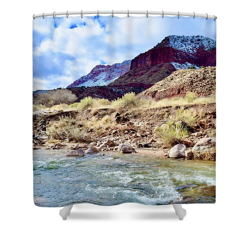 Zion Shower Curtain featuring the photograph Watchman Trail, Zion Visitors Center,South entrance by Bnte Creations