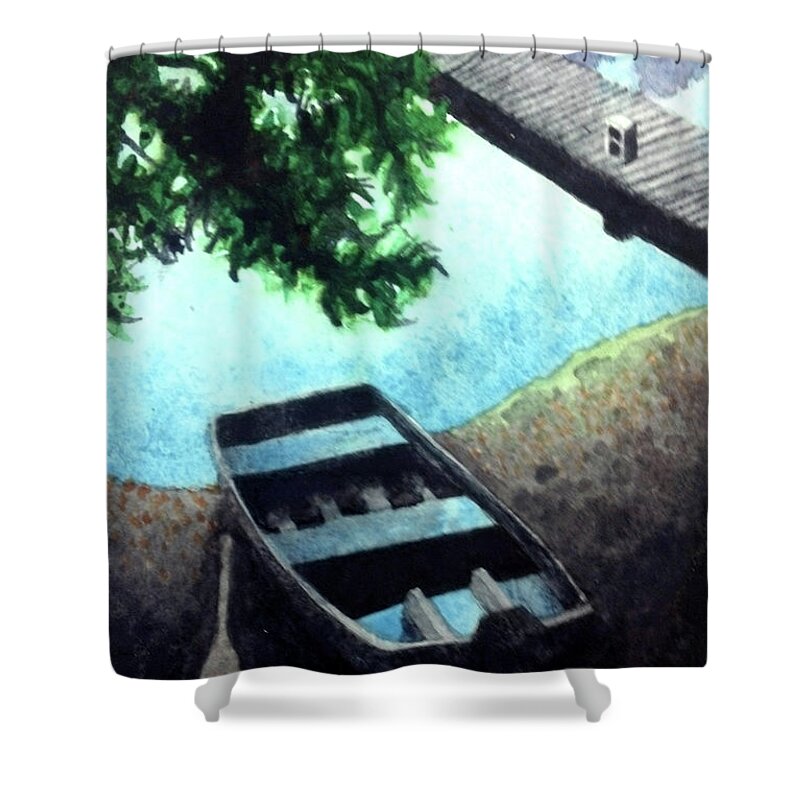 Watercolor Shower Curtain featuring the drawing Water Moccasin Rowboat by Ceilon Aspensen