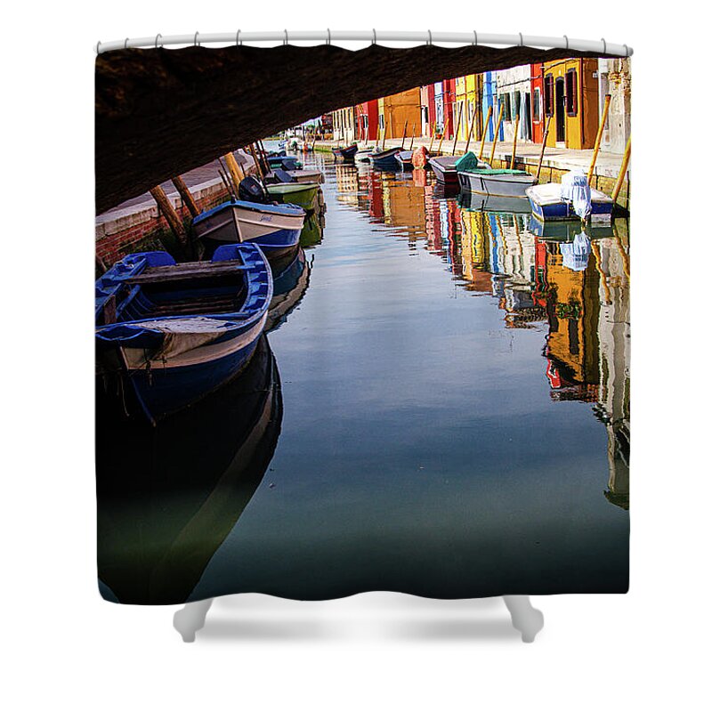 Italy Shower Curtain featuring the photograph Water reflection of colorful houses in Bruno, Venice, Italy. by Adelaide Lin