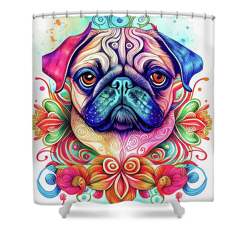 Pug Shower Curtain featuring the digital art Watercolor Animal 19 Pug Portrait by Matthias Hauser