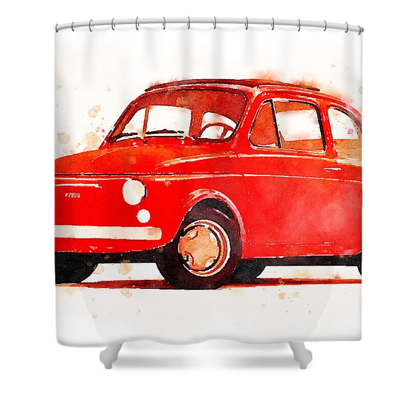 Watercolor Shower Curtain featuring the painting Watercolor classic Fiat 500 by Vart by Vart