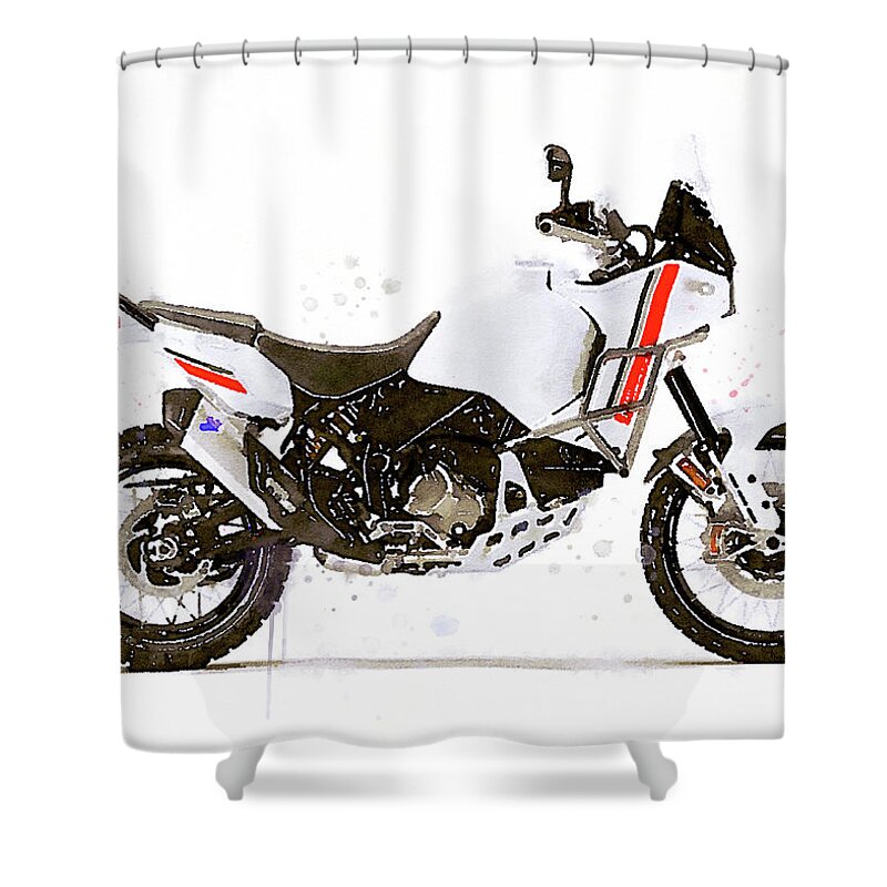 Motorbike Paitning Shower Curtain featuring the painting Watercolor Ducati DesertX motorcycle - oryginal artwork by Vart. by Vart