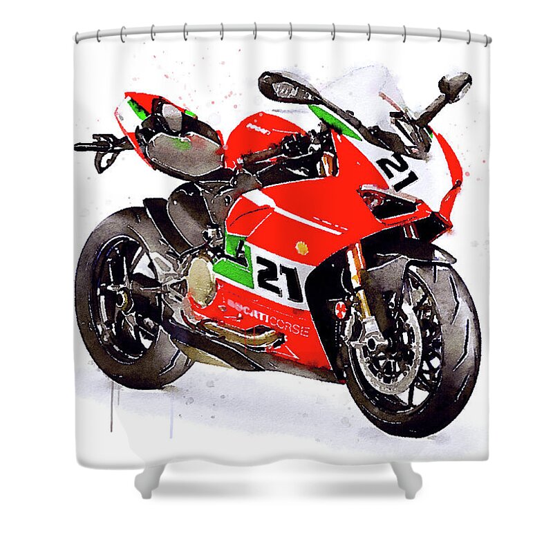 Sport Shower Curtain featuring the painting Watercolor Ducati Panigale V2 Bayliss motorcycle, oryginal artwork by Vart. by Vart Studio