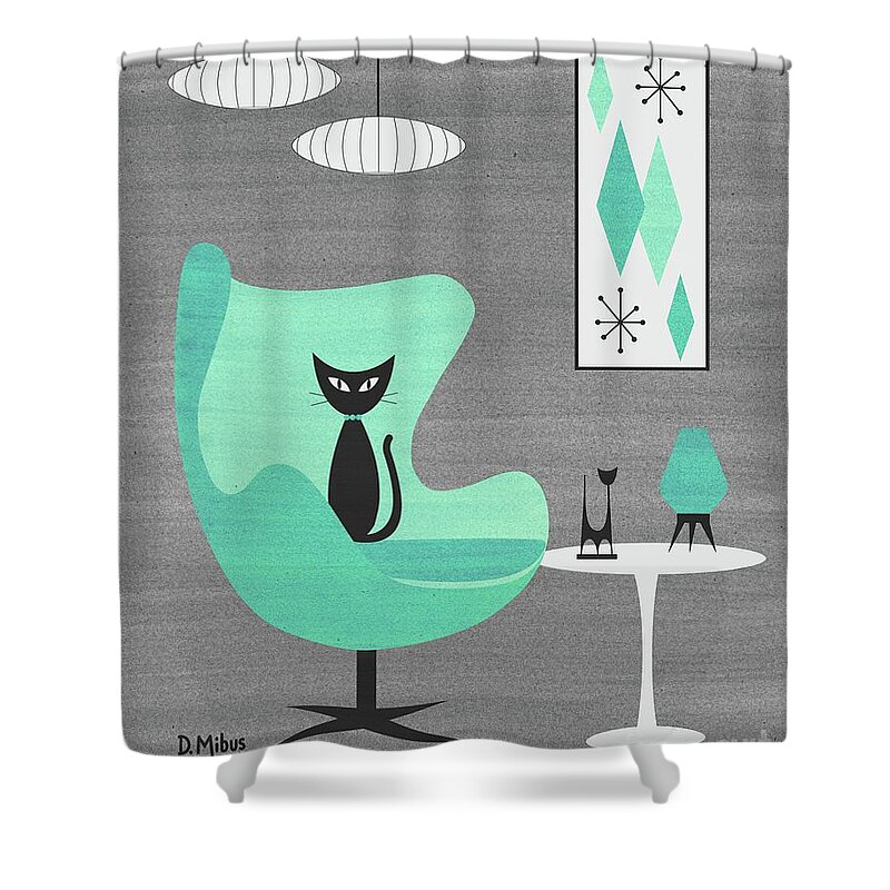 Mid Century Modern Shower Curtain featuring the mixed media Egg Chair in Aqua nd Gray by Donna Mibus