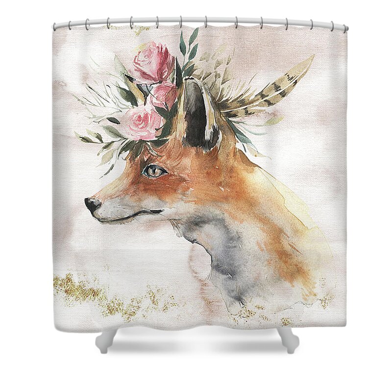 Watercolor Fox Shower Curtain featuring the painting Watercolor Fox With Flowers And Gold by Garden Of Delights