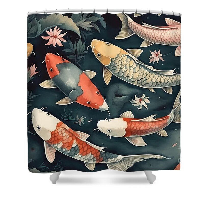 Watercolor Illustration Of Koi Carp Fish Seamless Pattern. Shower