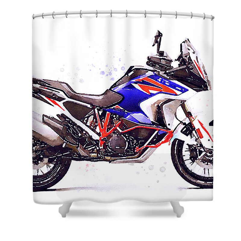 Motorcycle Shower Curtain featuring the painting Watercolor KTM 1290 SUPER ADVENTURE R motorcycle - oryginal artwork by Vart. by Vart