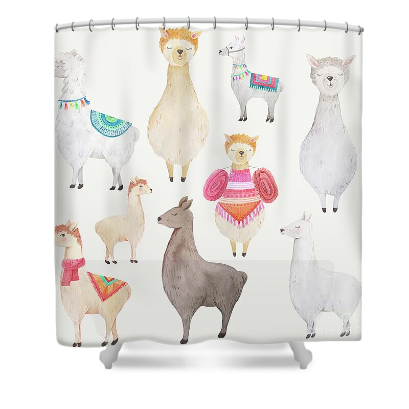 Llamas Shower Curtain featuring the painting Watercolor Llamas by Modern Art