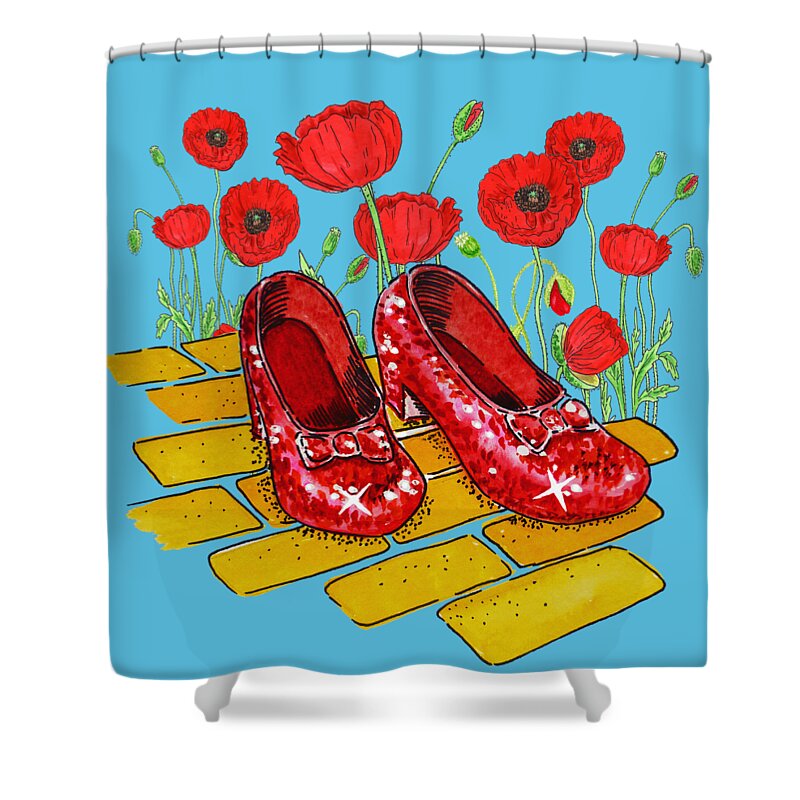 Ruby Slippers Shower Curtain featuring the painting Watercolor Ruby Slippers Red Poppies Heart Wizard Of Oz by Irina Sztukowski
