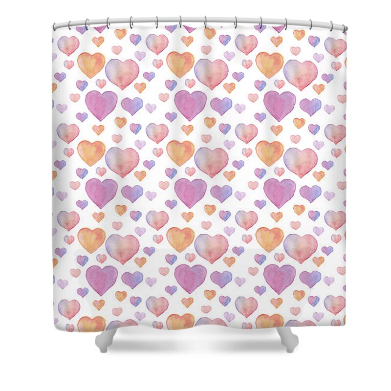 Decorative Shower Curtain featuring the digital art Watercolor seamless pattern for Valentine's day with hearts on white background by Elena Sysoeva