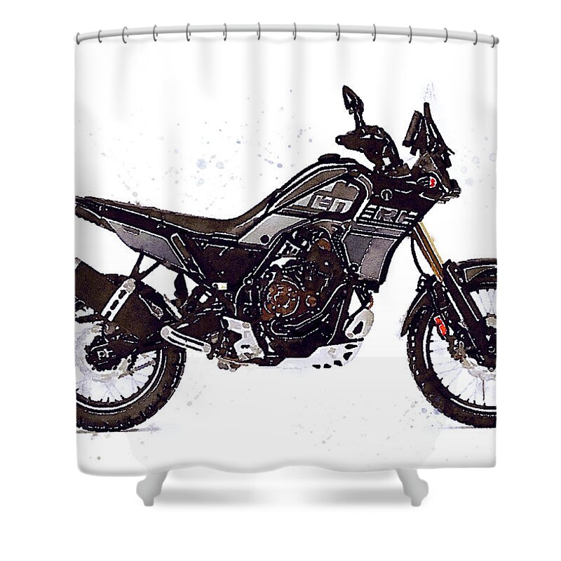Adventure Shower Curtain featuring the painting Watercolor Yamaha Tenere 700 black motorcycle - oryginal artwork by Vart. by Vart Studio