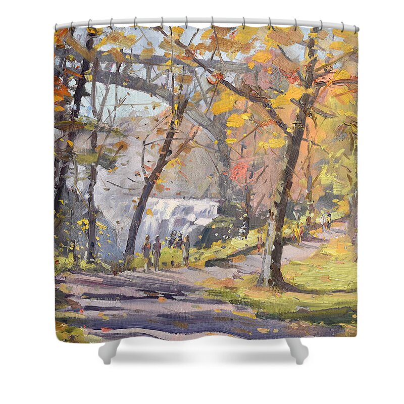 Waterfall Shower Curtain featuring the painting Waterfall at Letchworth Park by Ylli Haruni
