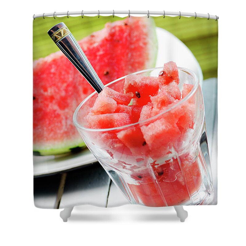 Watermelon Shower Curtain featuring the photograph Watermelon slice and melon sweet dessert smoothie on white table by Jelena Jovanovic