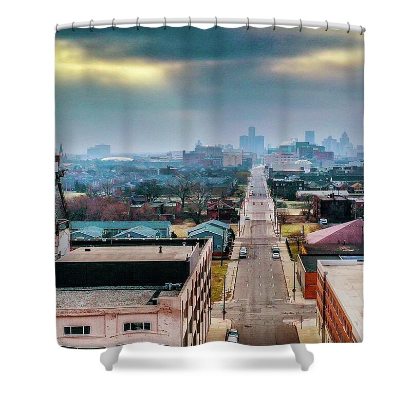 Detroit Shower Curtain featuring the photograph Watertower Skyline V2 DJI_0690 by Michael Thomas