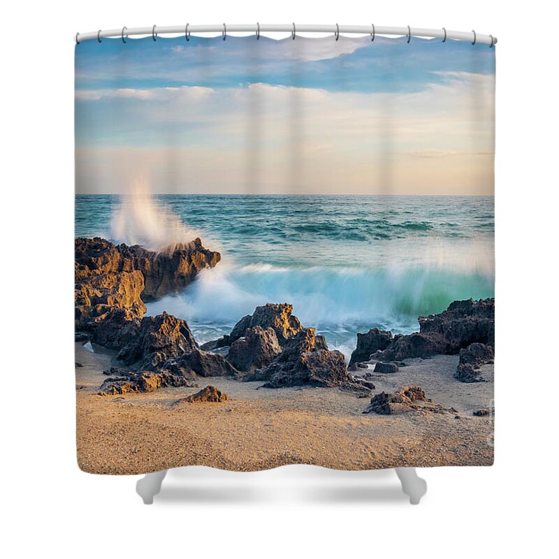 Wave Shower Curtain featuring the photograph Wave and Rocks by Tom Claud