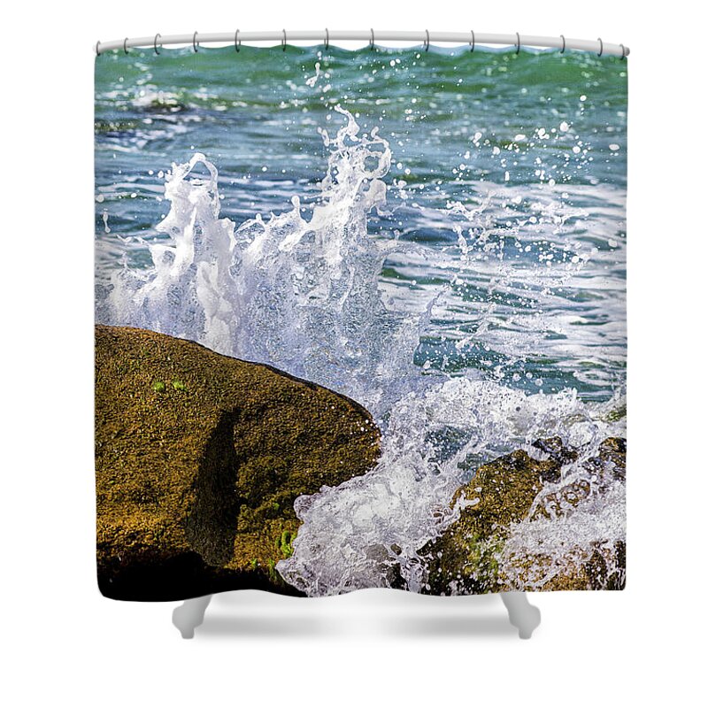 Wave Shower Curtain featuring the photograph Wave Break Against Rocks on Atlantic Beach by Bob Decker