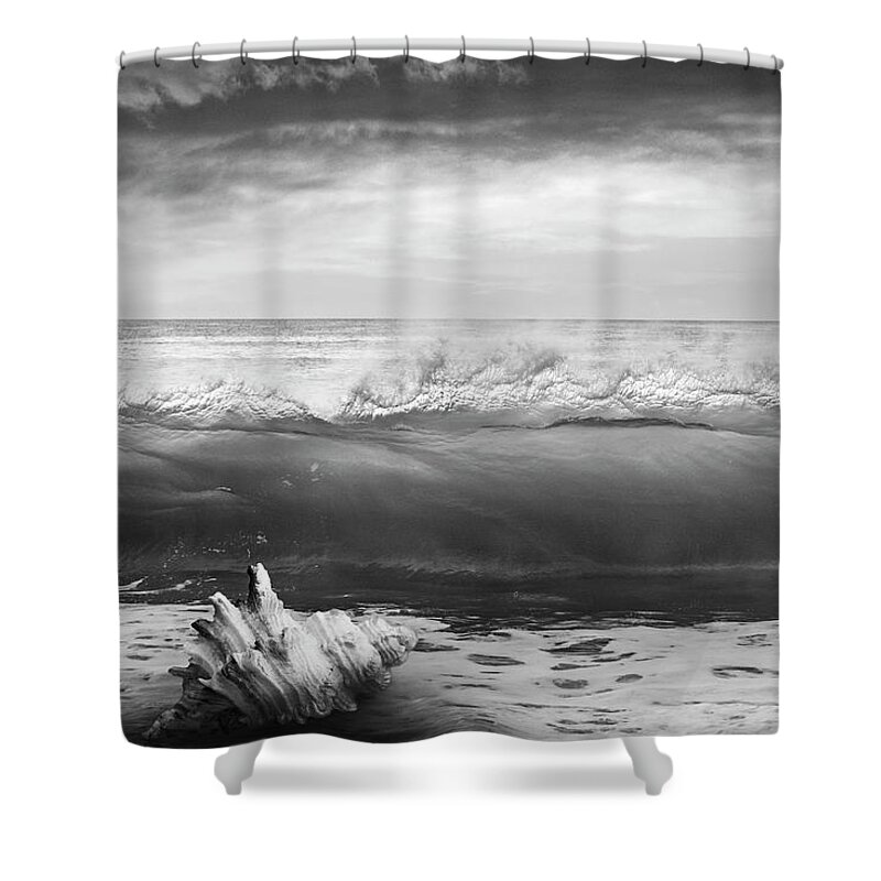 Clouds Shower Curtain featuring the photograph Waves and Shells III Black and White by Debra and Dave Vanderlaan