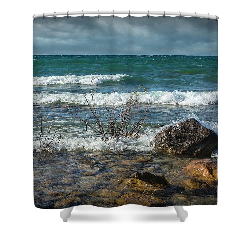 Grand Traverse Bay Shower Curtain featuring the photograph Waves coming ashore at Northport Point on Lake Michigan by Randall Nyhof