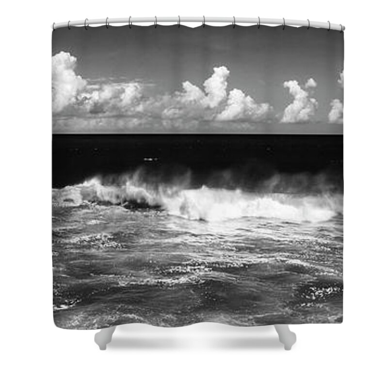 Panorama Shower Curtain featuring the photograph Waves crashing in black and white by Sonny Ryse