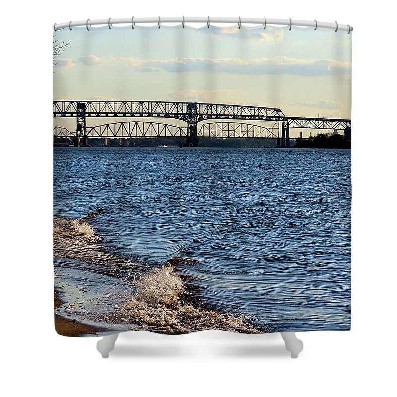 River Shower Curtain featuring the photograph Waves Lapping the Shore of the Delaware River Near Betsy Ross and Delair Memorial Railroad Bridges by Linda Stern