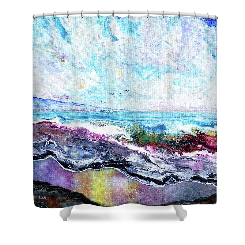 Beach Shower Curtain featuring the painting Waves Rolling Over Colorful Sands by Laura Iverson