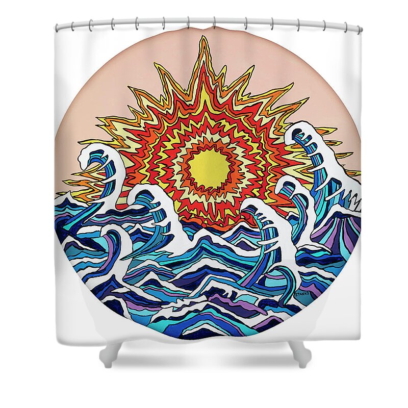 Sun Waves Ocean Shower Curtain featuring the painting Waving around the Sun by Mike Stanko