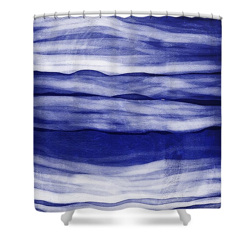 Wavy Shower Curtain featuring the painting Wavy Horizons Blue and White Stripes by Itsonlythemoon
