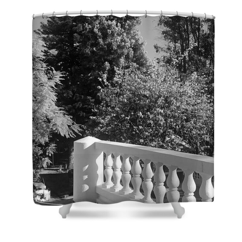 All Shower Curtain featuring the digital art Way to Backyard Black and White KN68 by Art Inspirity
