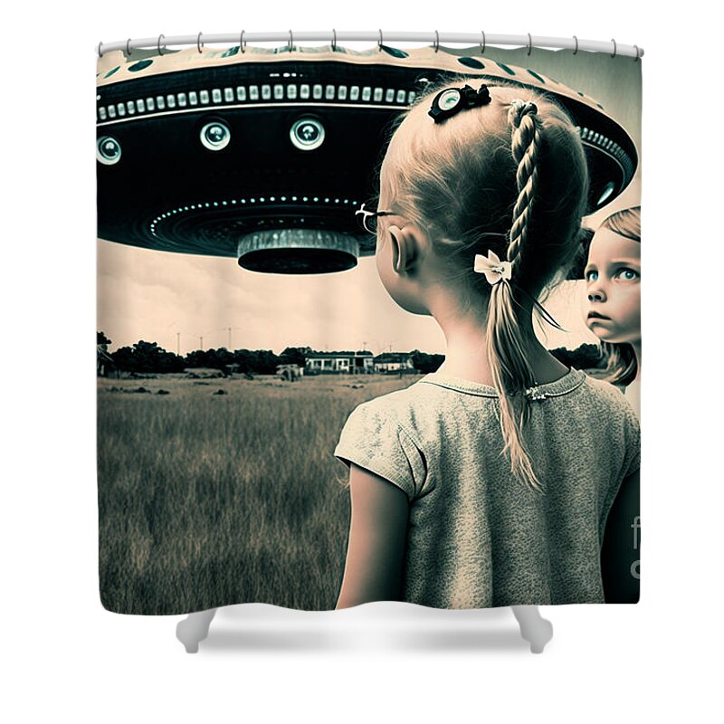 Ufo Shower Curtain featuring the digital art We Really Should Go Now by Jay Schankman